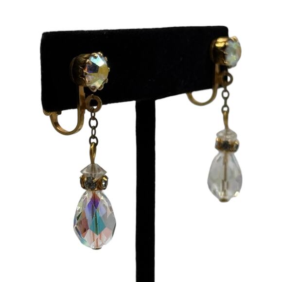 Vintage Gold tone Crystal Dangle Drop Earrings Dressy Glam Eveningwear Sparkle - Picture 7 of 10